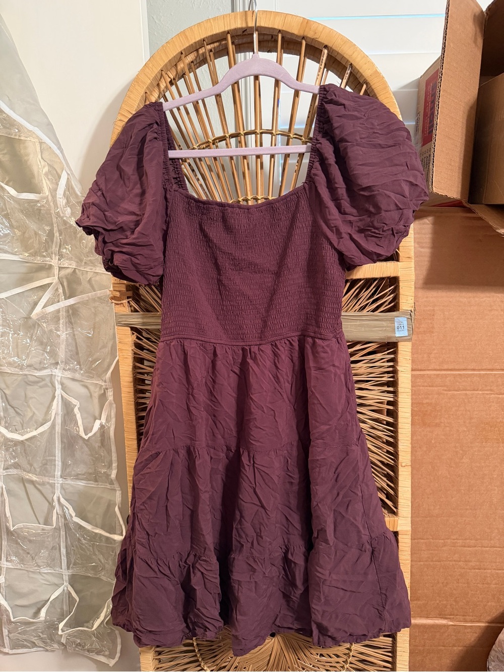 Puff-Sleeve Smocked Midi Dress in Brown